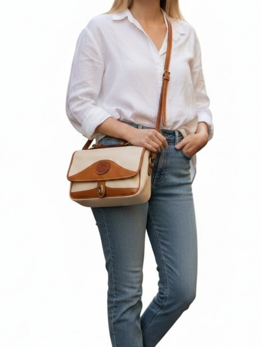 Dooney & Bourke R701 Carrier Bone & British Tan  Leather Shoulder Bag 1990's